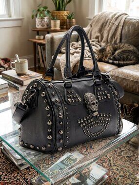 Women Skull Handbag Gothic Rivet Tote Satchel Shoulder Crossbody Bag